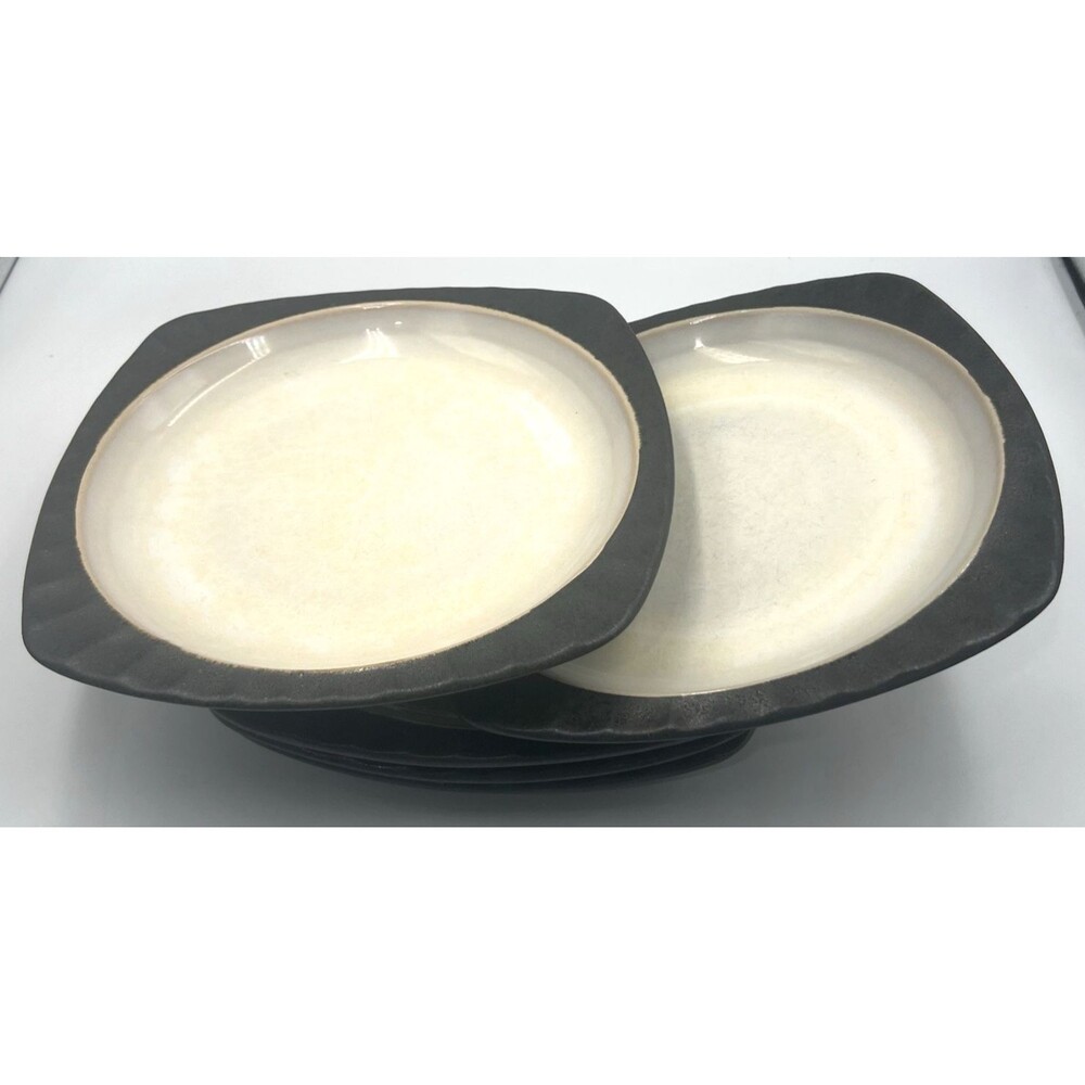 Set of 5 Sango Contrast Charcoal 8.75" Salad Plates | Stoneware | Ribbed Rim
